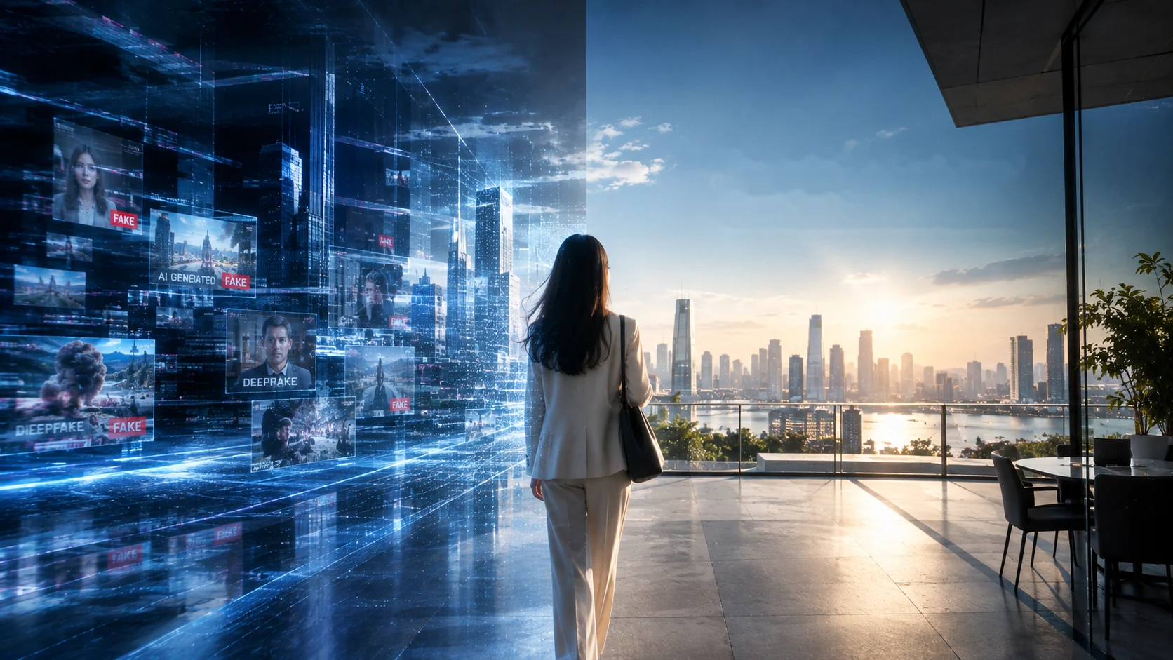 A woman looks out over a city at sunrise. On her left the digital world is filled with labelled deepfakes and AI-generated images; on her right the real skyline.