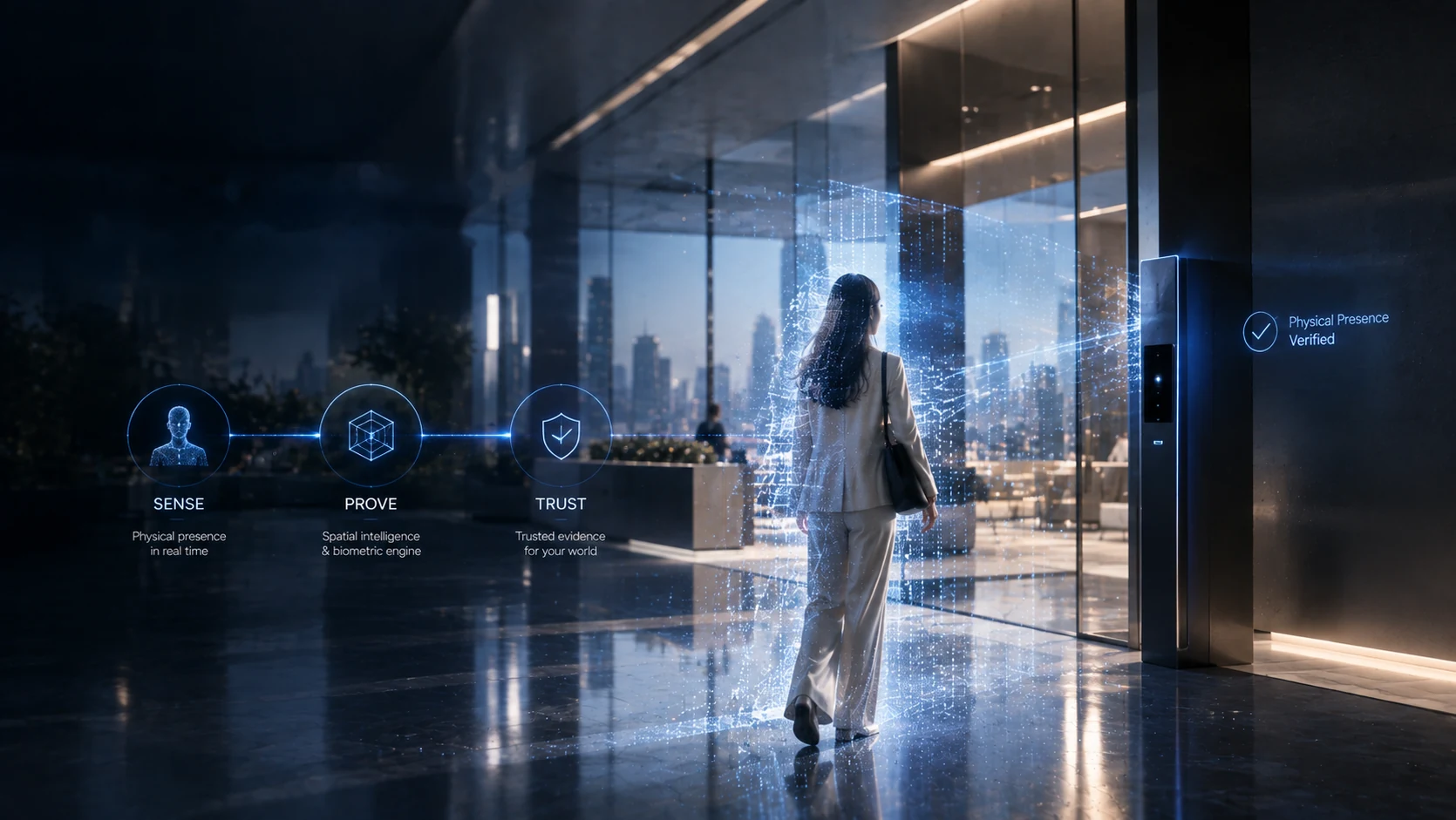 A woman walks through a glass lobby toward a METAiD access reader; a sensing field traces her presence and the reader confirms “Physical Presence Verified”.