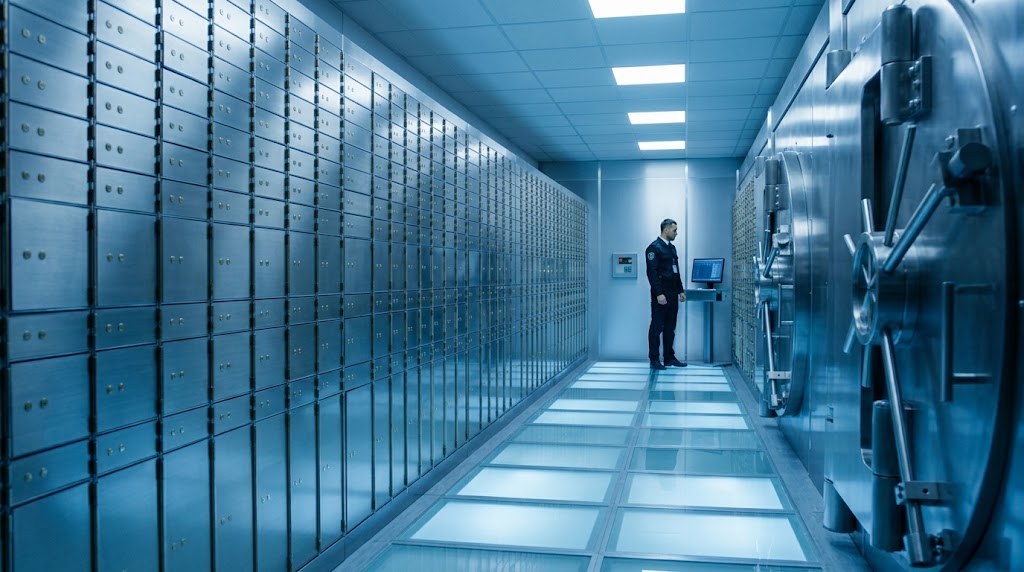 Bank vault and safe deposit boxes with a security officer