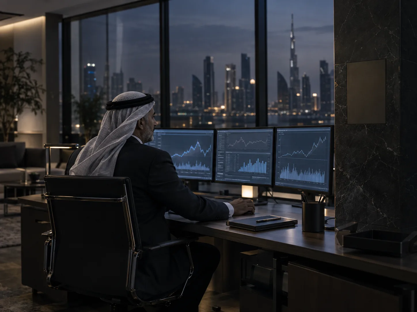 A senior approver reviews financial dashboards at dusk.