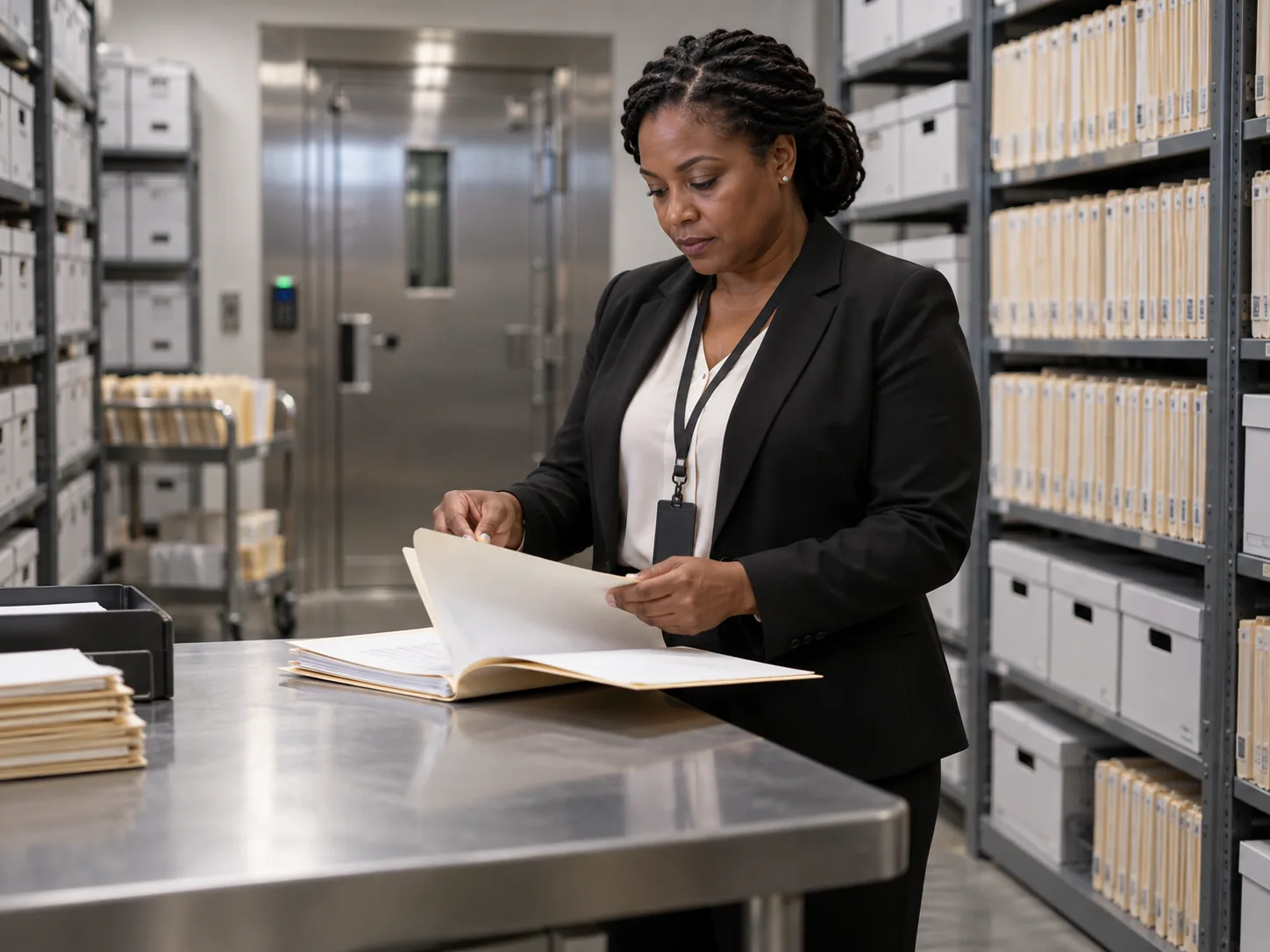 A bank employee reviews documents in a secure records archive.