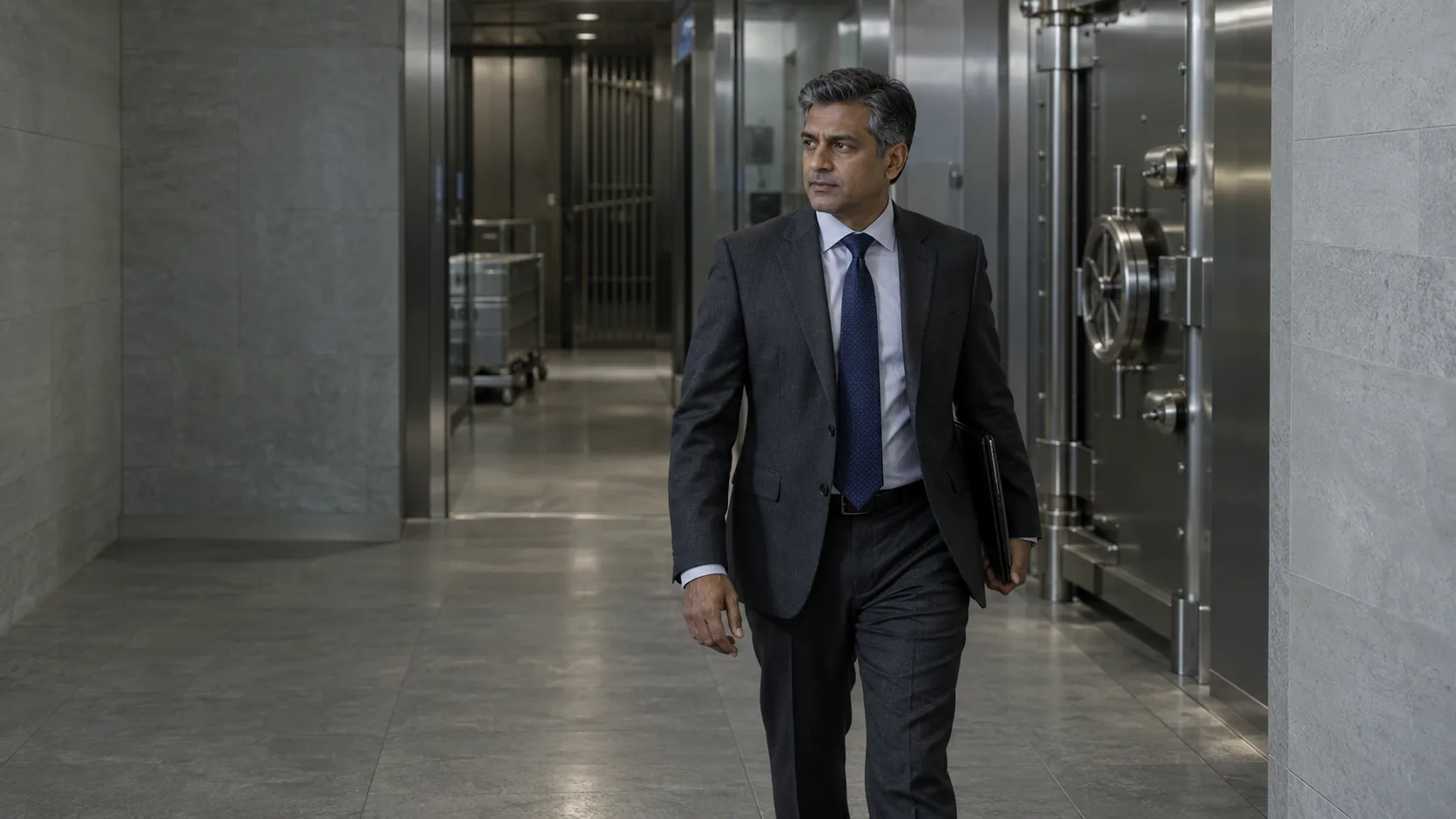 A bank operations manager walks along the vault corridor of a branch.