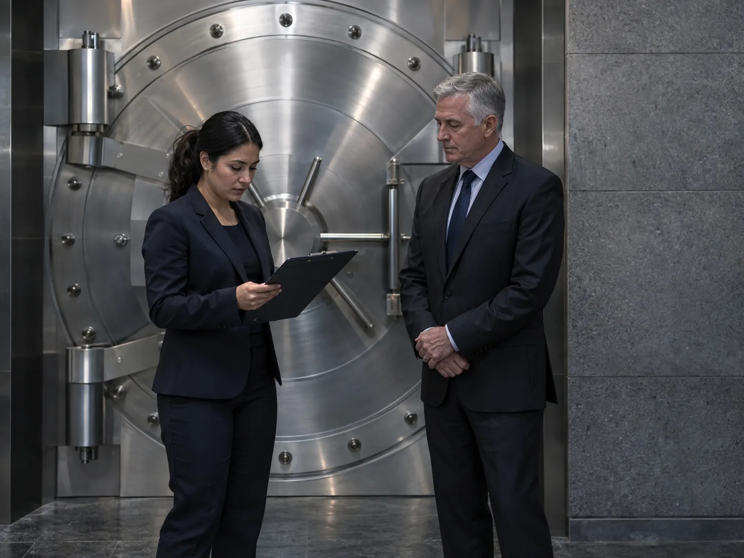 Two bank staff members stand at a closed vault door.