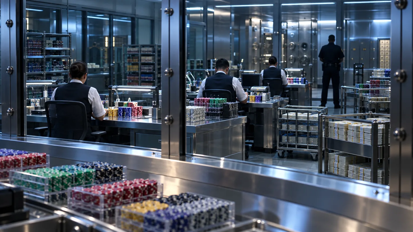 Count team members working at stainless steel tables inside a casino count room, with a guard at the vault door.