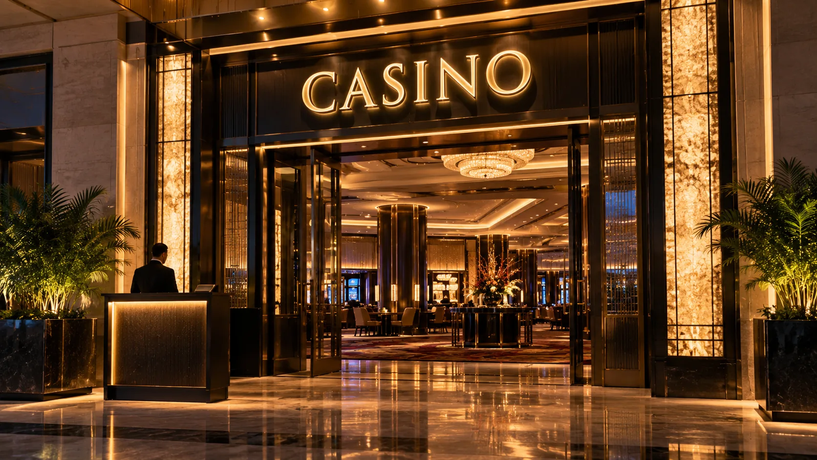 The entrance of a casino at night, with a host station beside the doors.