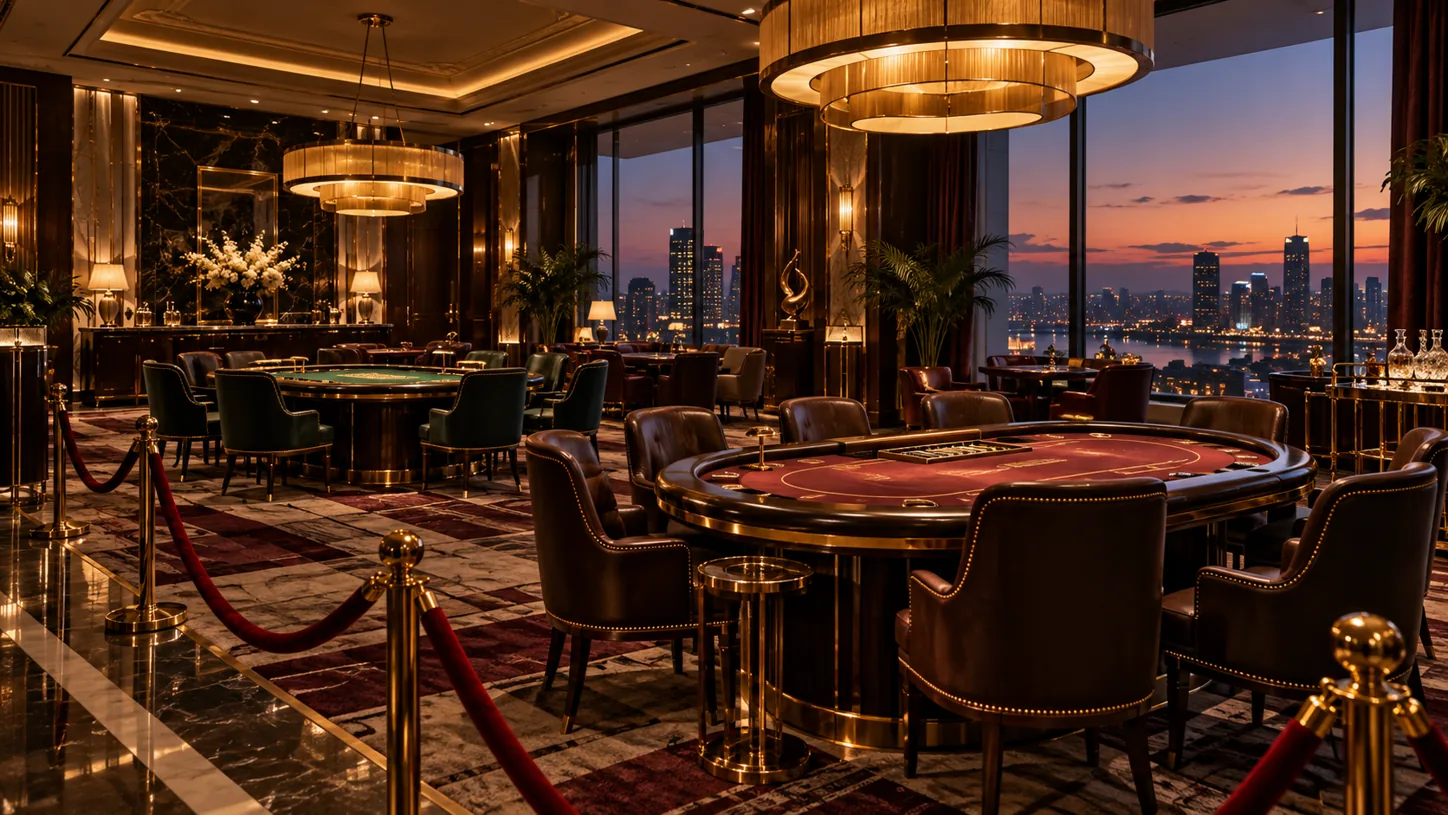 A high-limit gaming salon at dusk with card tables and a city view.