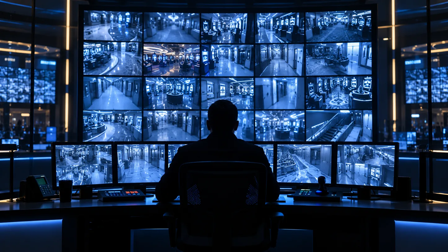 A surveillance operator in front of a wall of monitors in a casino monitoring room.