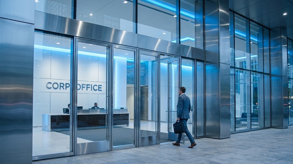 Glass entrance of a corporate office building