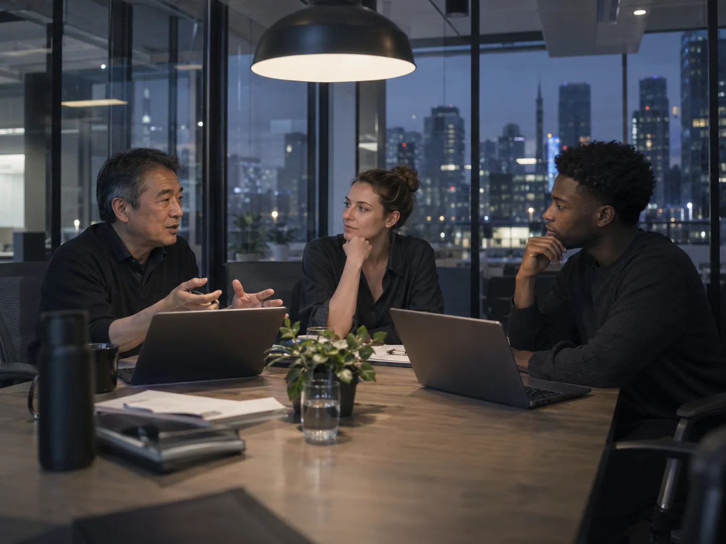 Three colleagues in a discussion in a glass meeting room in the evening.