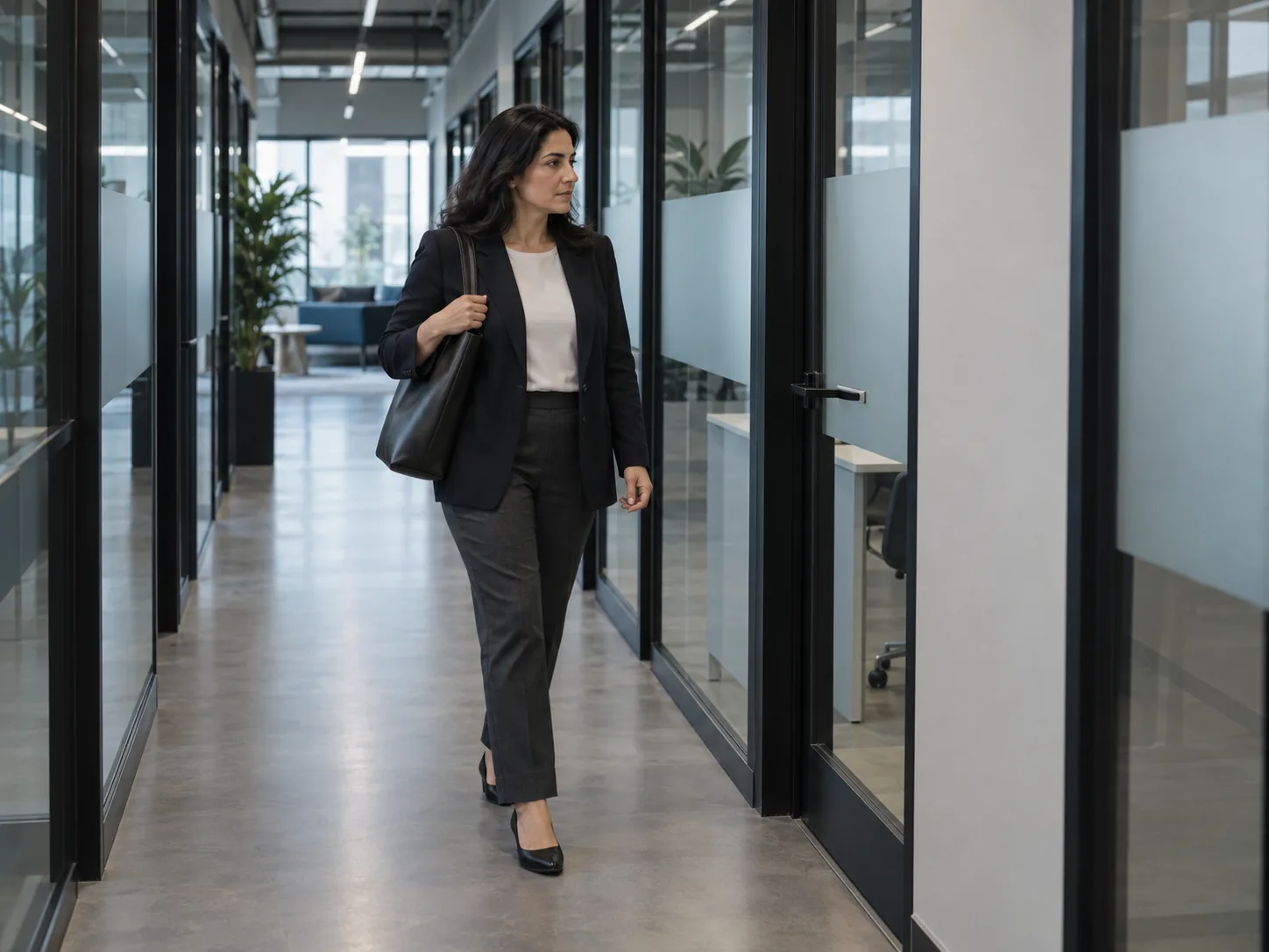 A tenant walks along a corridor of glass-walled private offices.