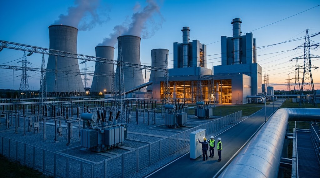 Power plant and substation at dusk with technicians on site