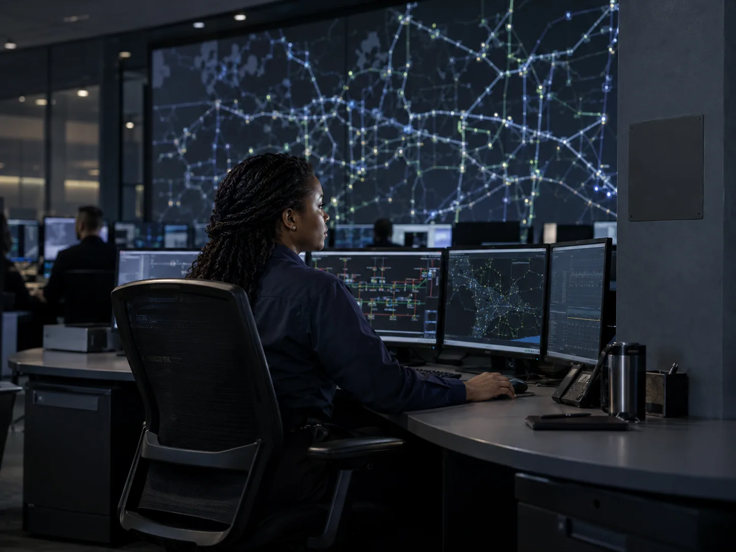 An operator at a grid control room console.