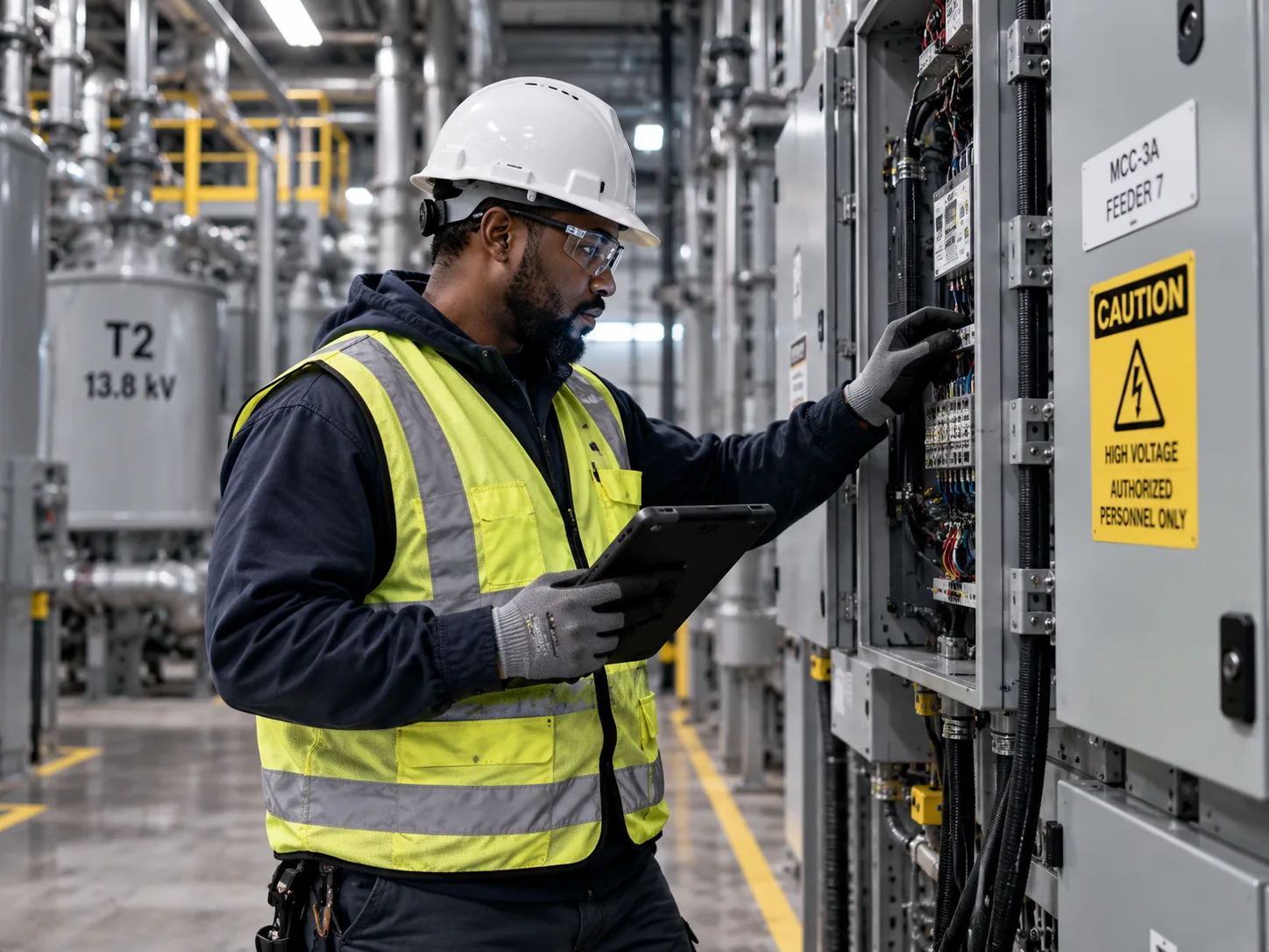 A technician in a hard hat and high-visibility vest inspects a high-voltage panel.
