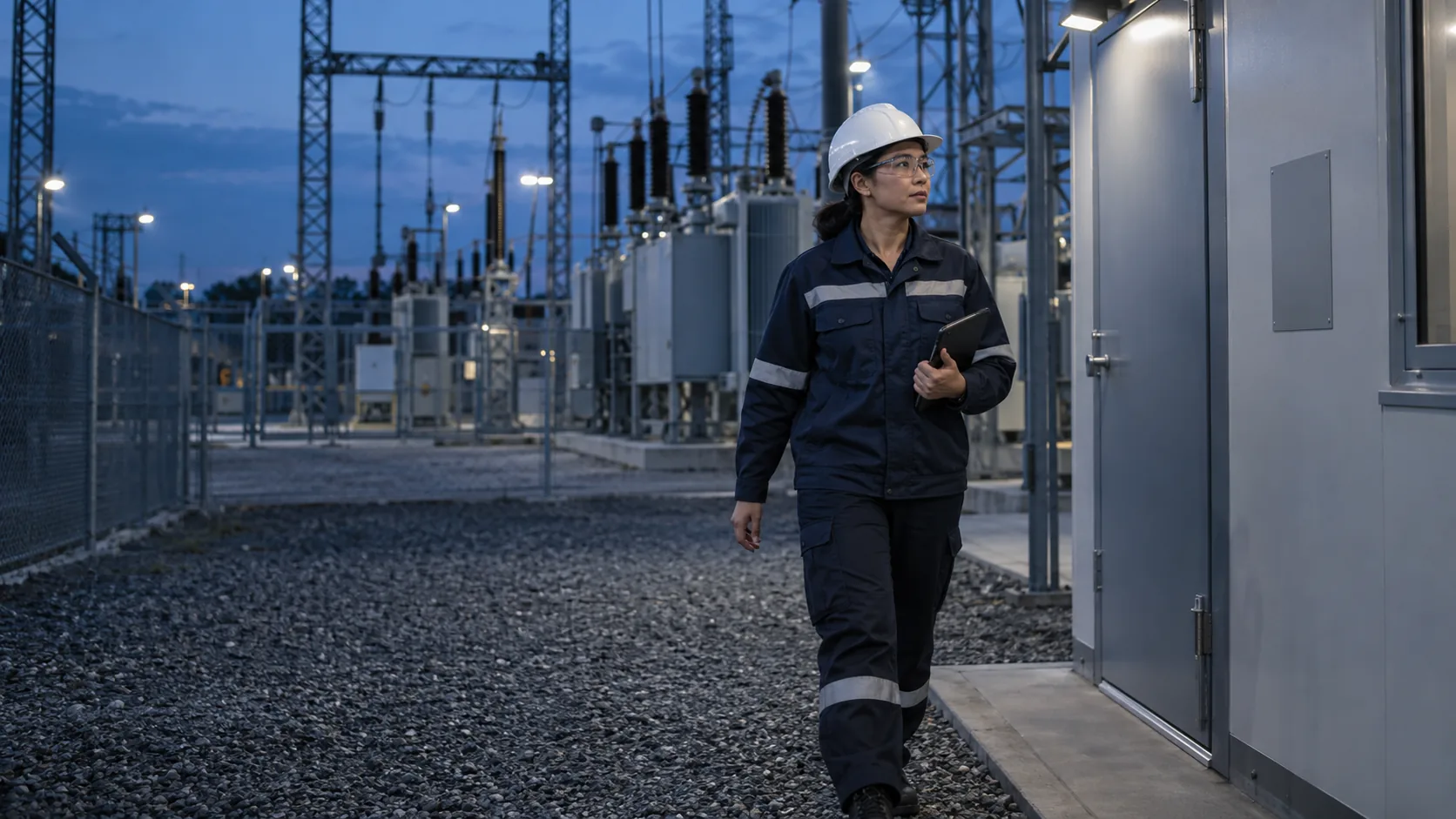 A field engineer walks through an electrical substation at dusk.