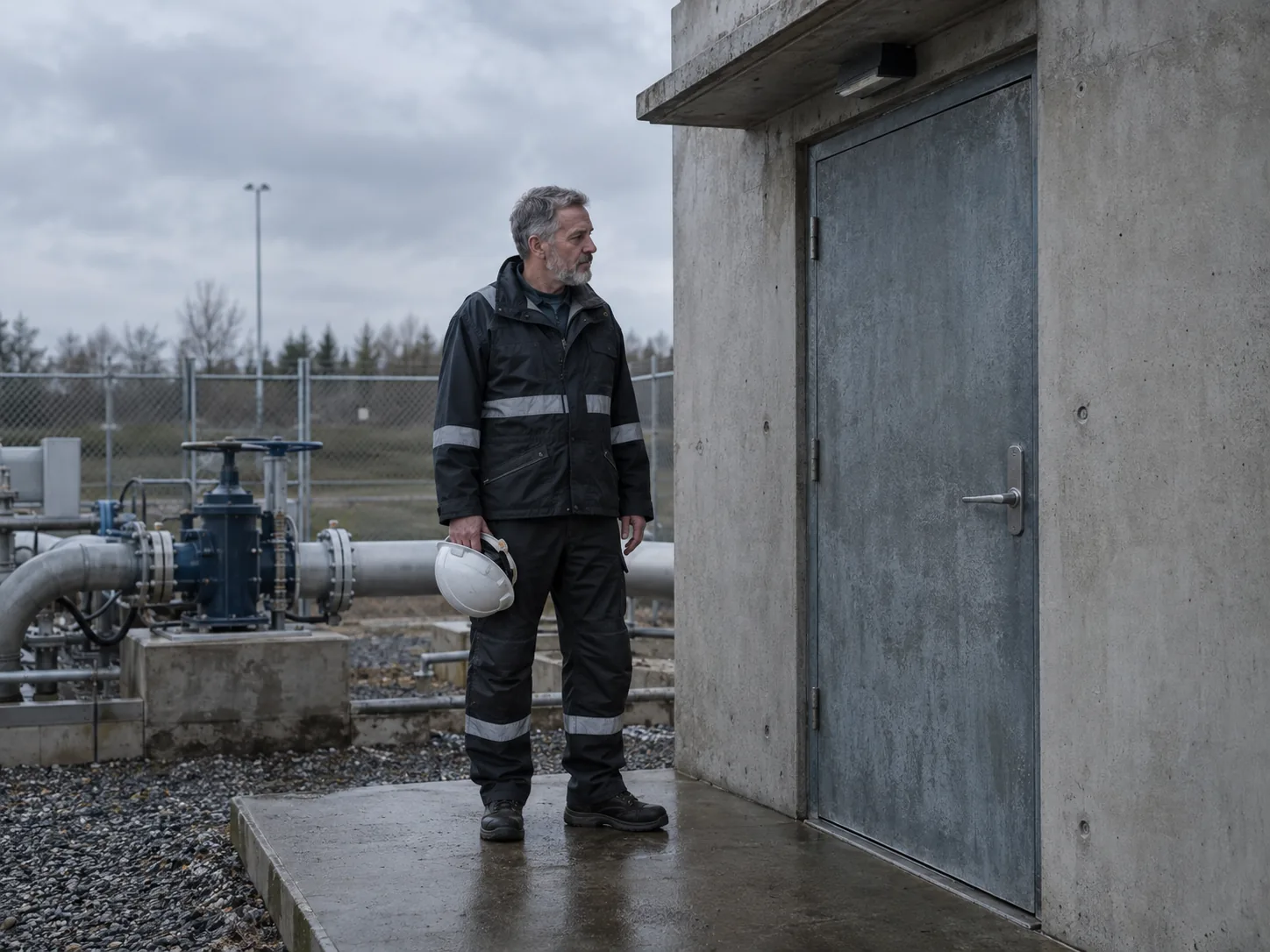 A technician waits at the door of a remote pumping station shelter.