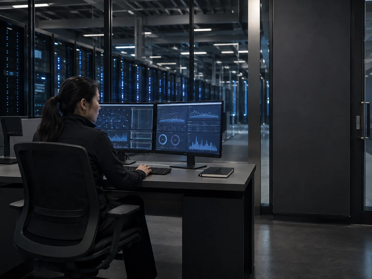 An operations engineer at a control desk overlooking a server hall.