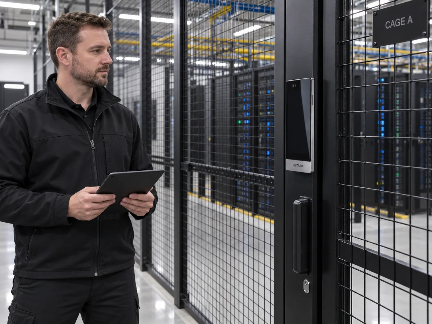 A technician stands at the entrance of a customer cage; a METAiD terminal is mounted on the cage door.