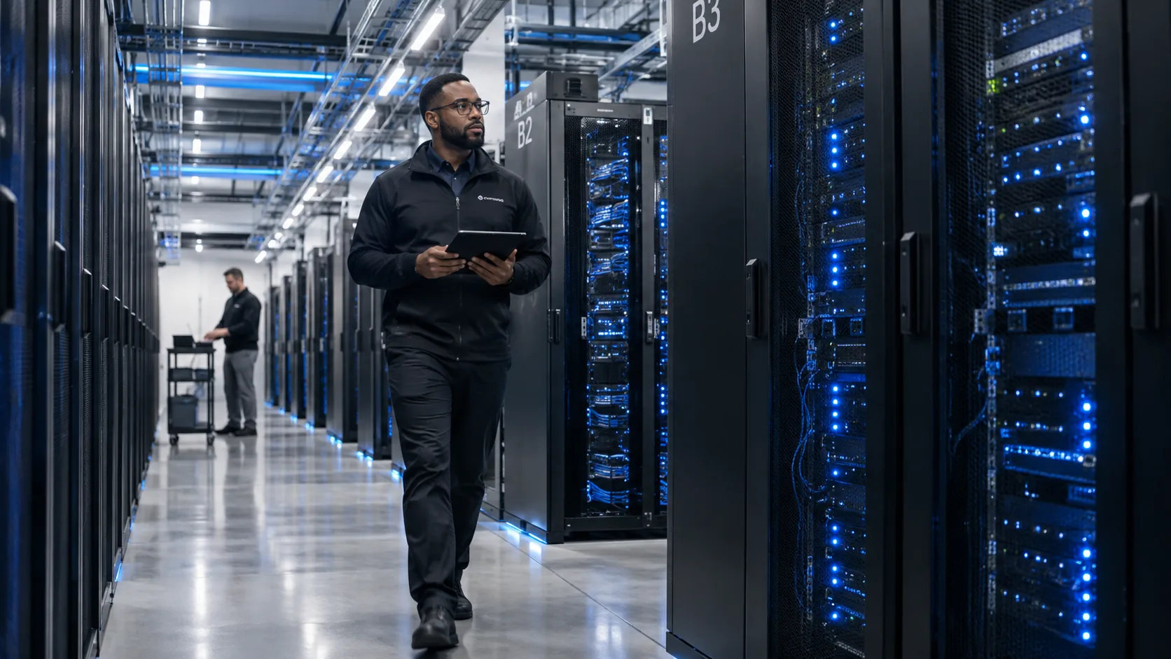 A technician with a tablet walks down a data center aisle between server racks.