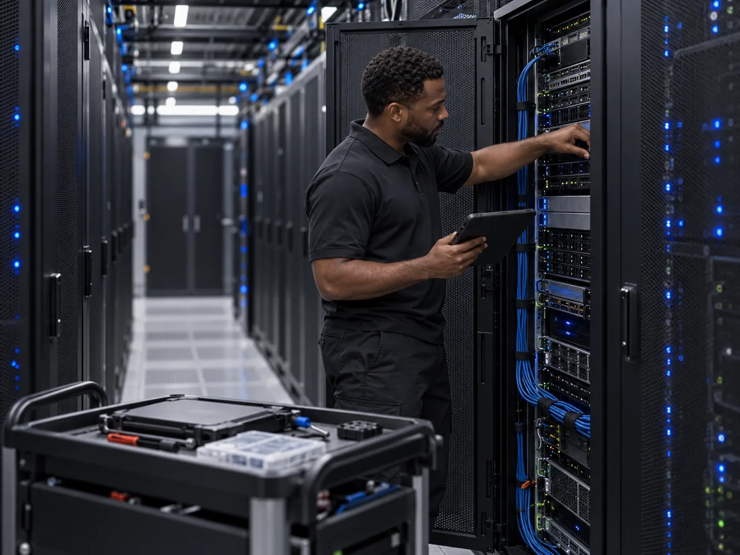 A technician performs hands-on maintenance at an open server rack, holding a tablet, with a tool cart beside him.
