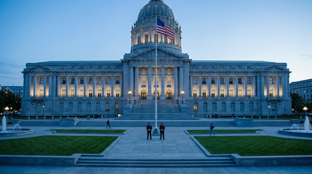 Government building at dusk with guards on the entrance plaza