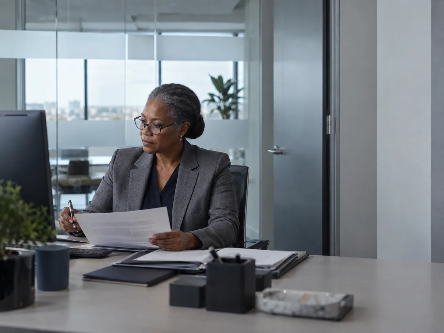 A senior official reviews documents at her desk.