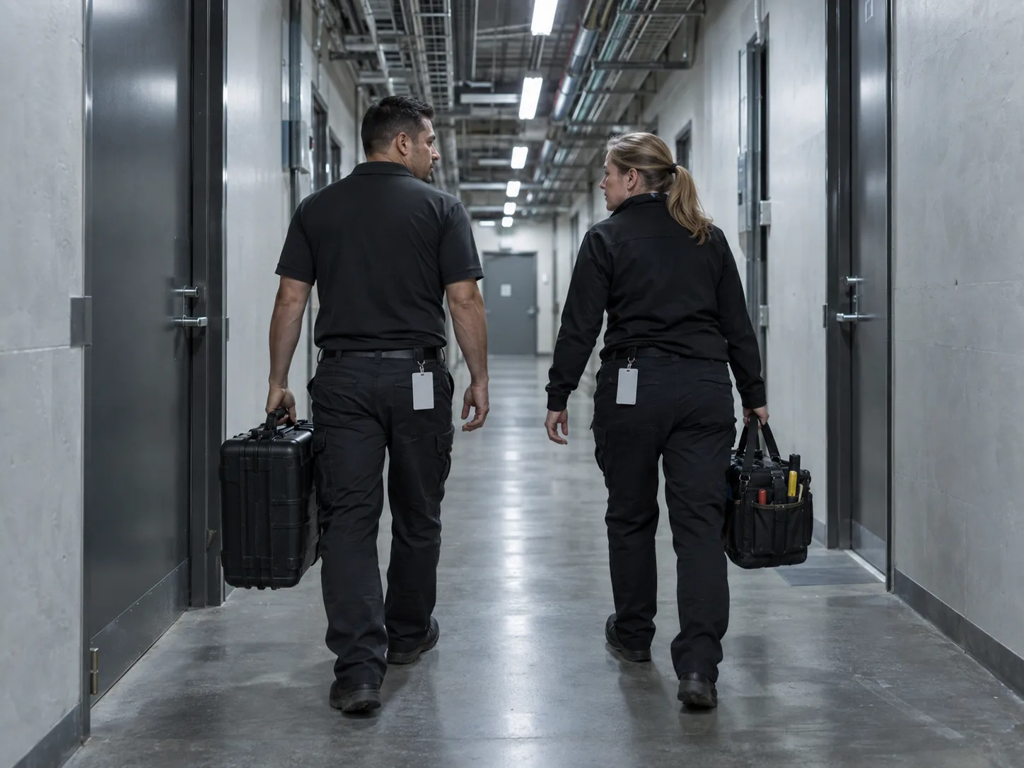 Two contractors carry equipment along a facility service corridor.