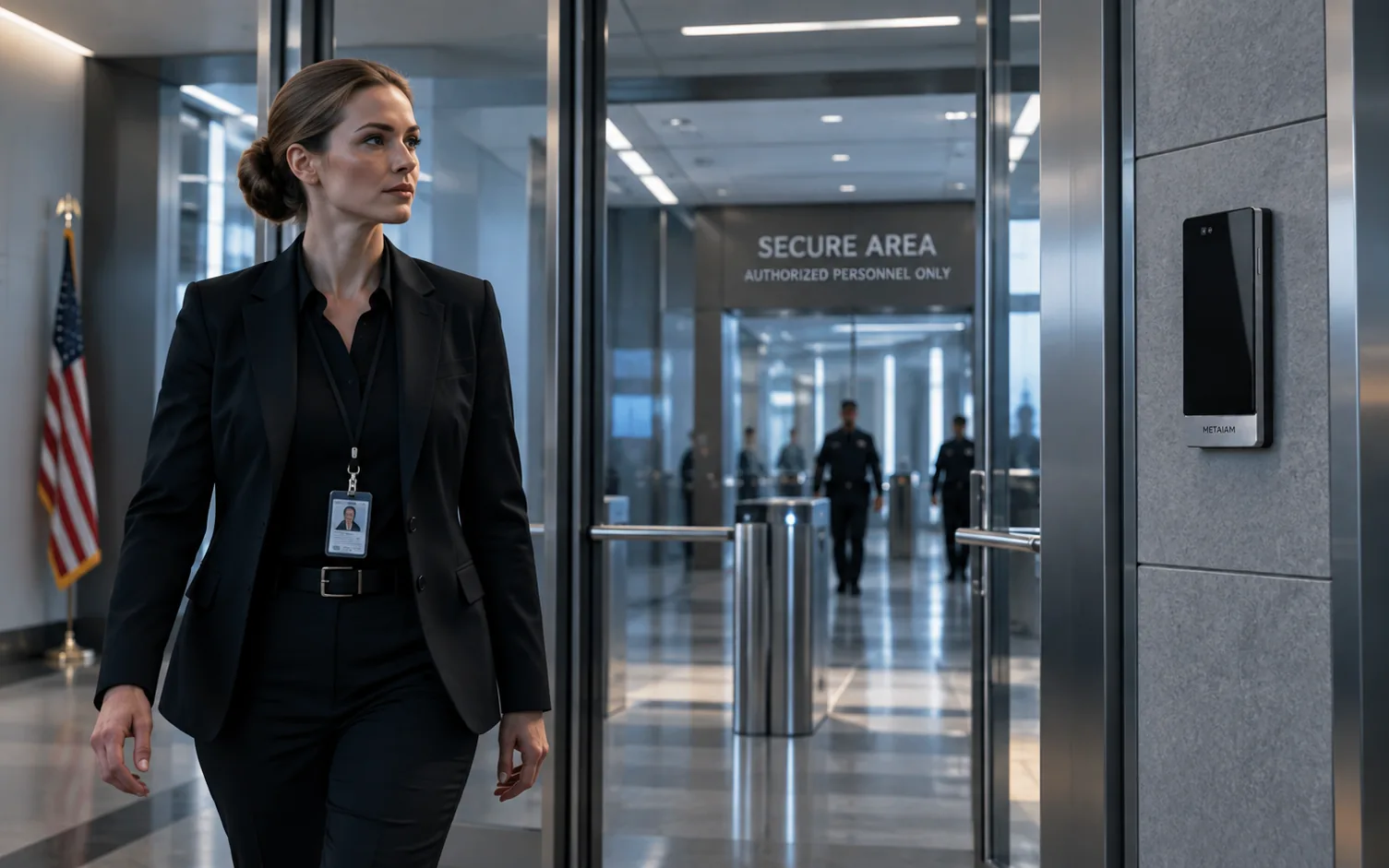 An official walks through a secure facility entrance; a METAiD terminal is mounted on the wall to the right.