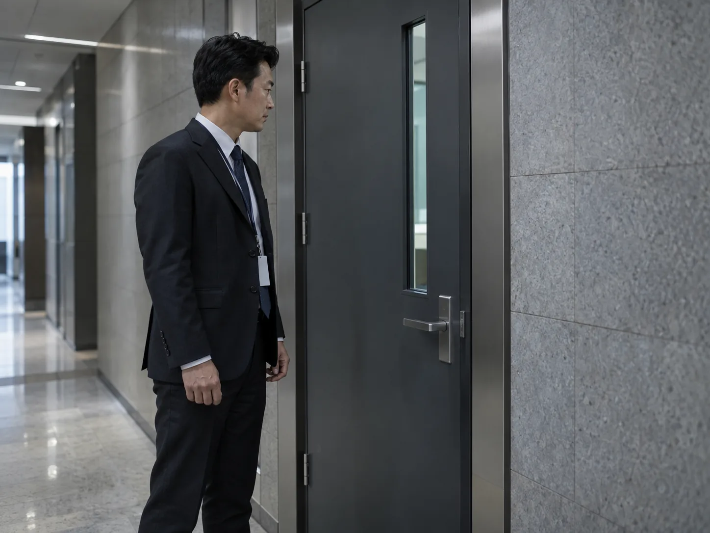 A staff member stands at a closed secure door.