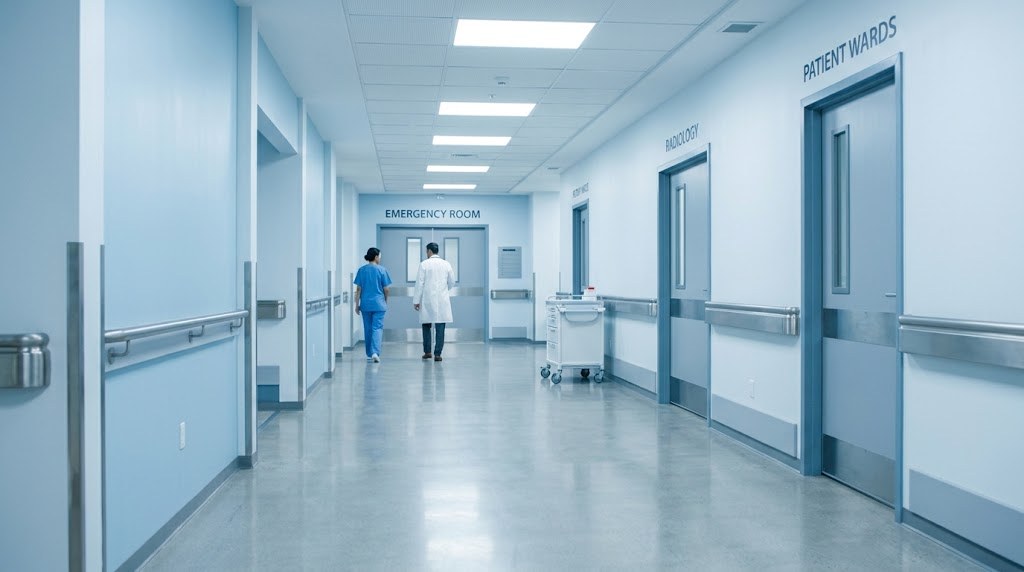 Hospital corridor with medical staff