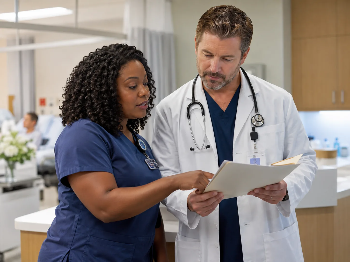 A nurse and a physician review records together on a hospital ward.