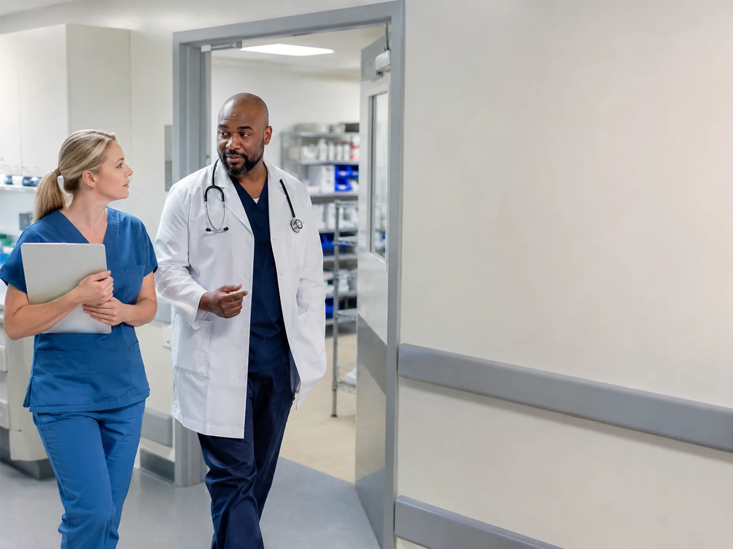 A nurse and a physician walk out of a restricted clinical area.
