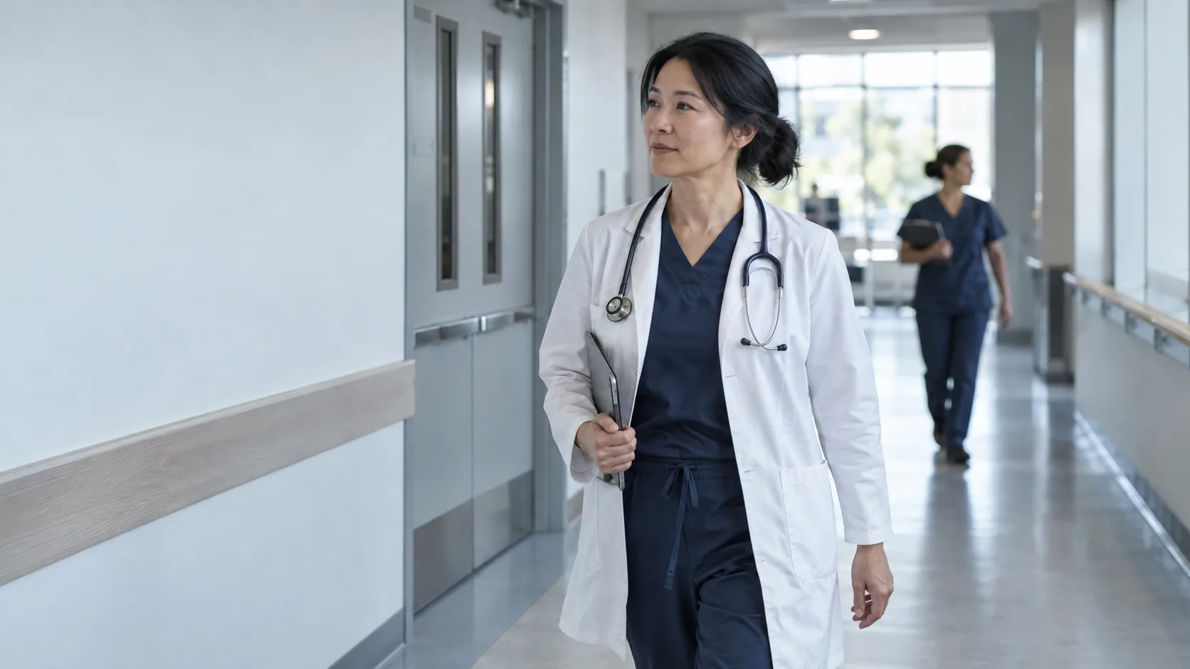 A physician walks along a bright hospital corridor.