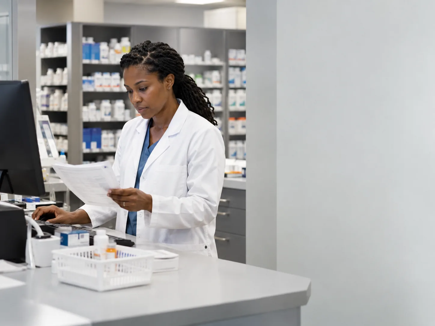 A pharmacist reviews an order in a hospital pharmacy.