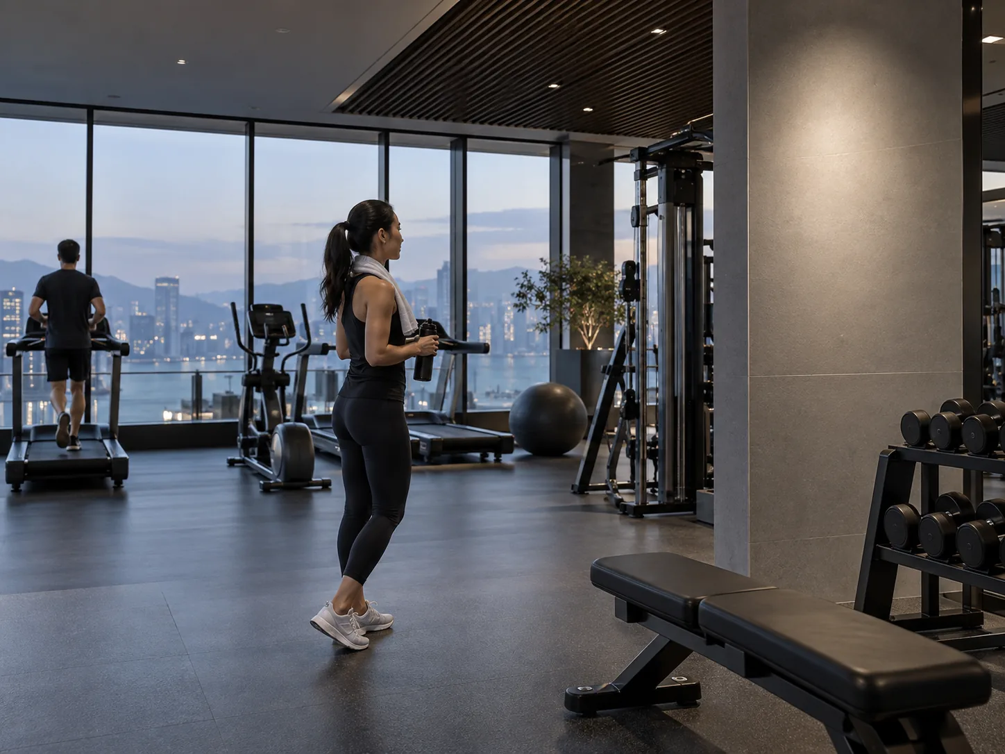 A resident works out in a residents-only fitness room overlooking the city.