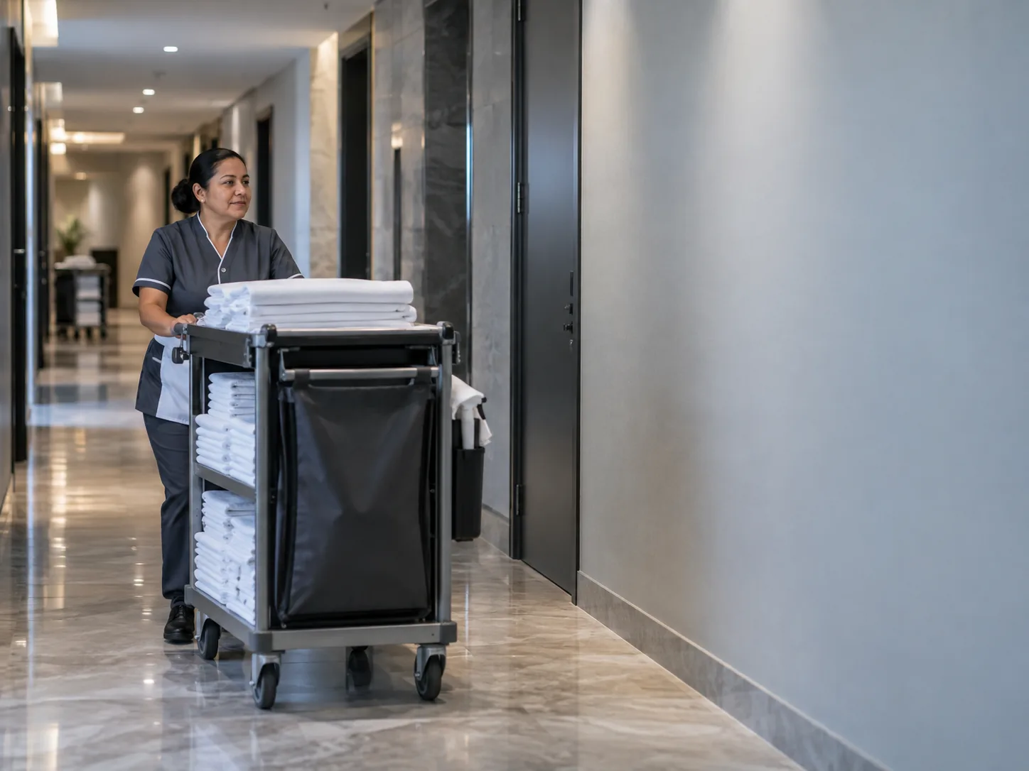 A housekeeper pushes a linen cart along a residential service corridor.