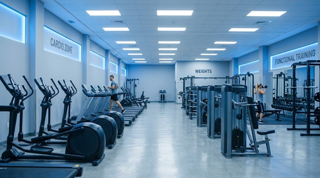 Gym floor with cardio and weight training zones