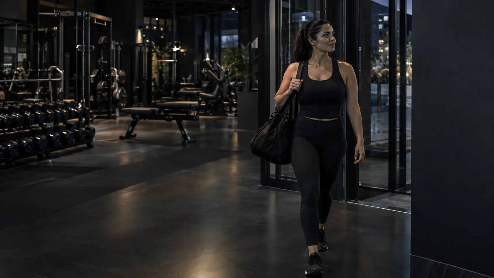 A member walks into a gym at night.