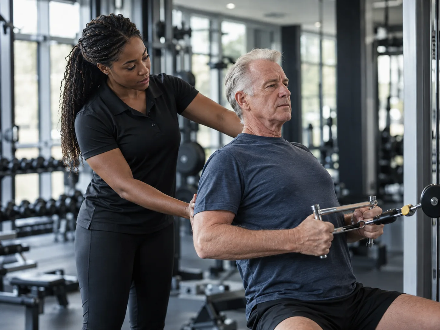 A personal trainer coaches an older client on a cable machine.