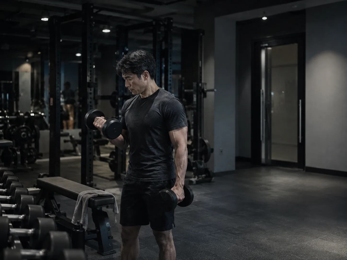 A member trains alone in a gym late at night.