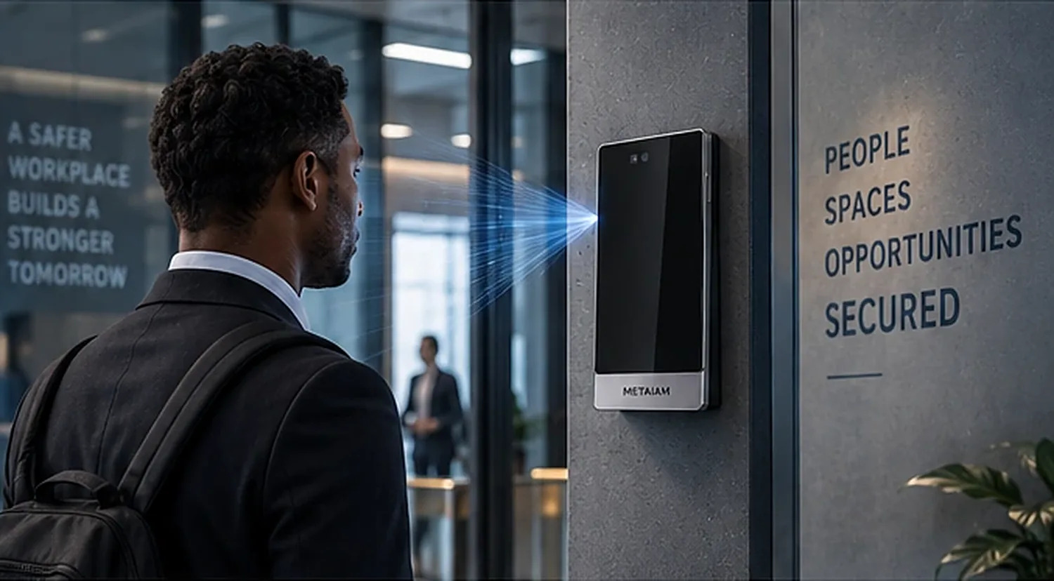 An employee verifying at a METAiD terminal at an office entrance