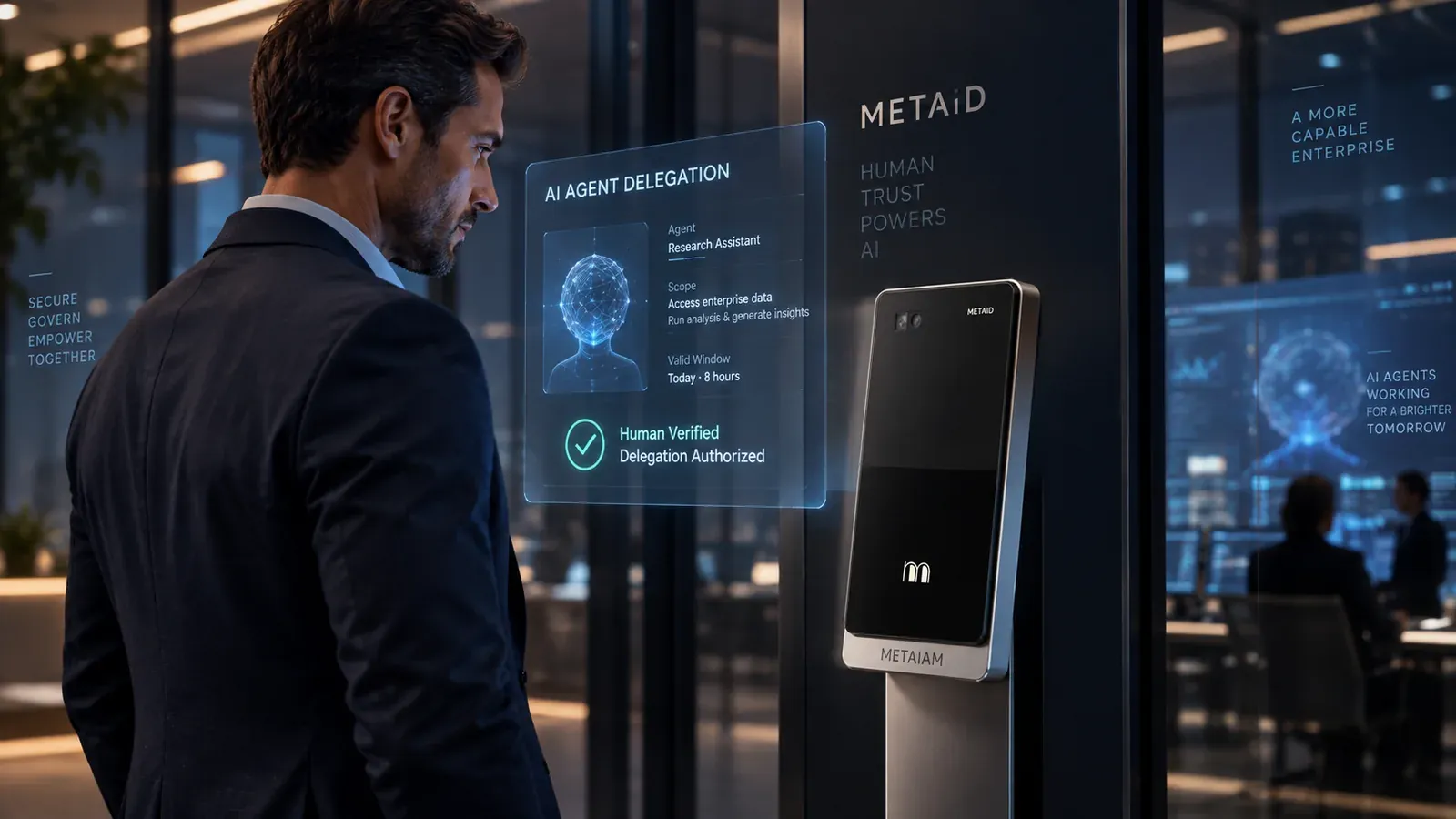 A professional authorizing an AI agent delegation at a METAiD terminal