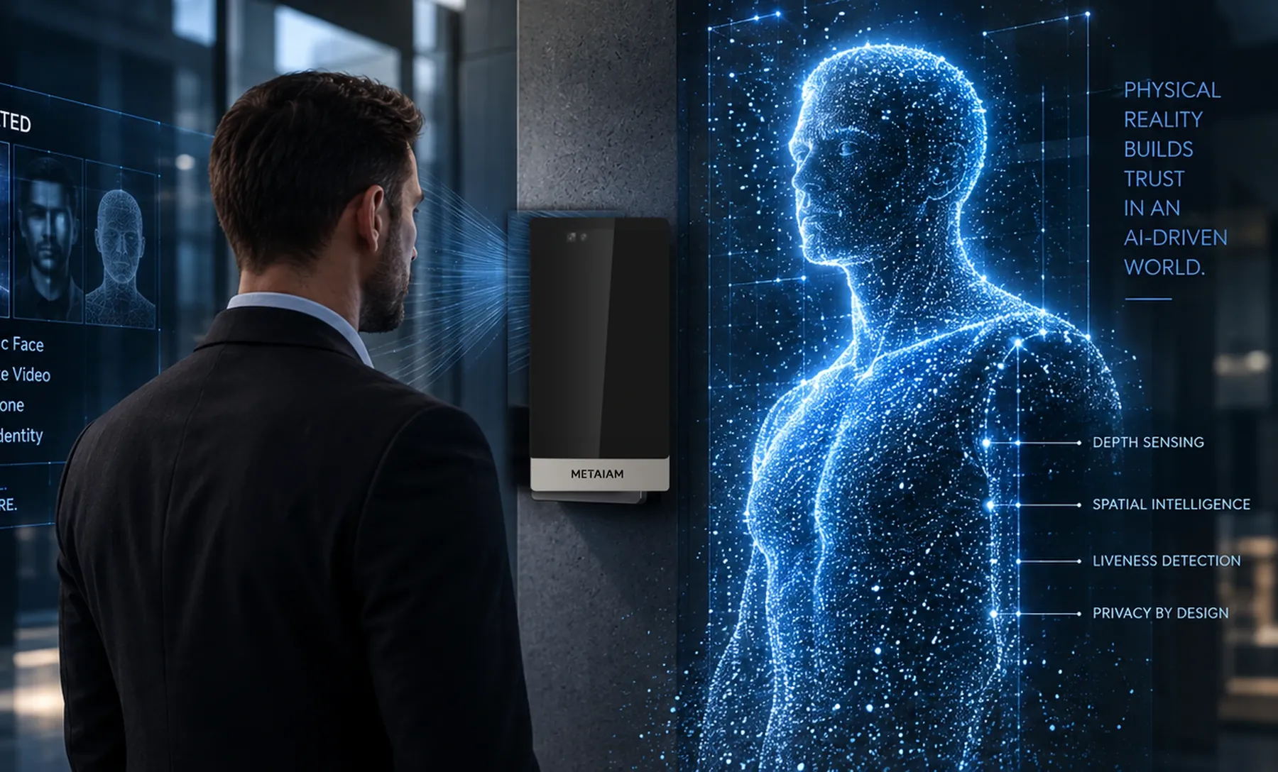 A person at a METAiD terminal beside a 3D point-cloud visualization of his physical presence