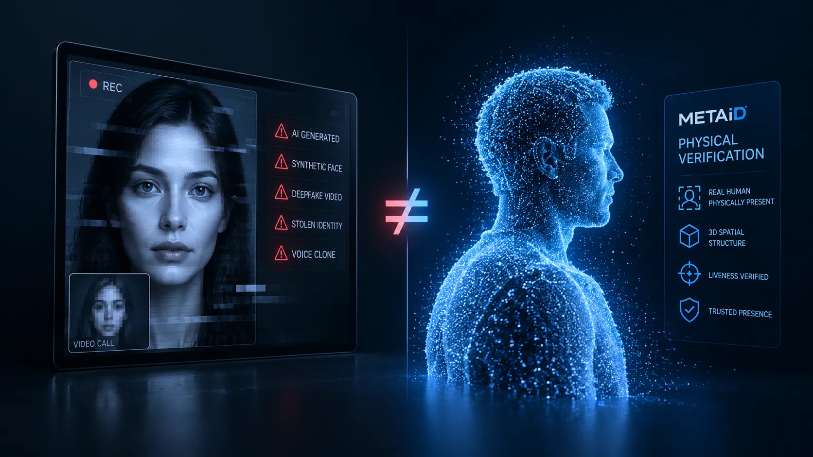 A synthetic face on a video call compared with a real person’s 3D point-cloud presence