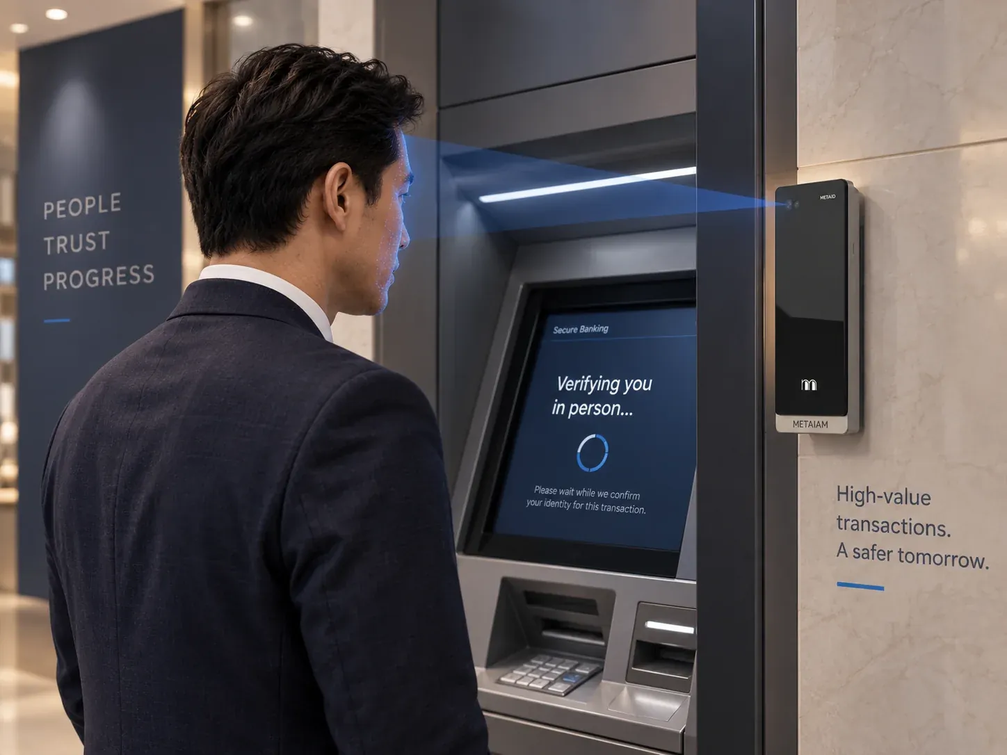A customer verified in person at a METAiD terminal before a high-value ATM transaction