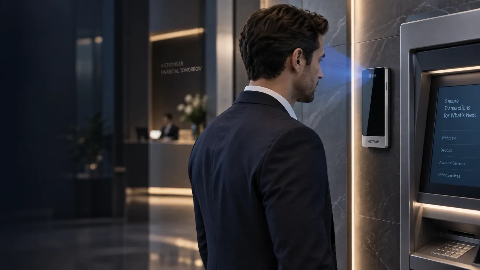 A customer verifying in person at a METAiD terminal beside a bank ATM