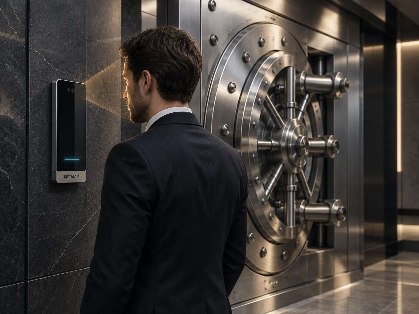 A person verifying physical presence at a METAiD terminal beside a vault door