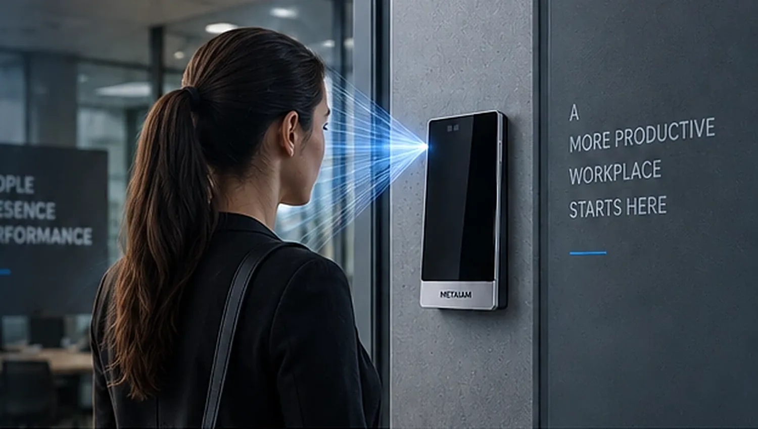 An employee clocking in at a METAiD terminal at an office entrance
